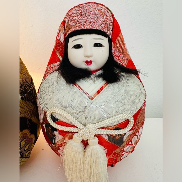 Vintage Japanese Dolls Daruma Hime Ningyo Pair Empress Jingu Handpainted  H 8.5” - Picture 2 of 9